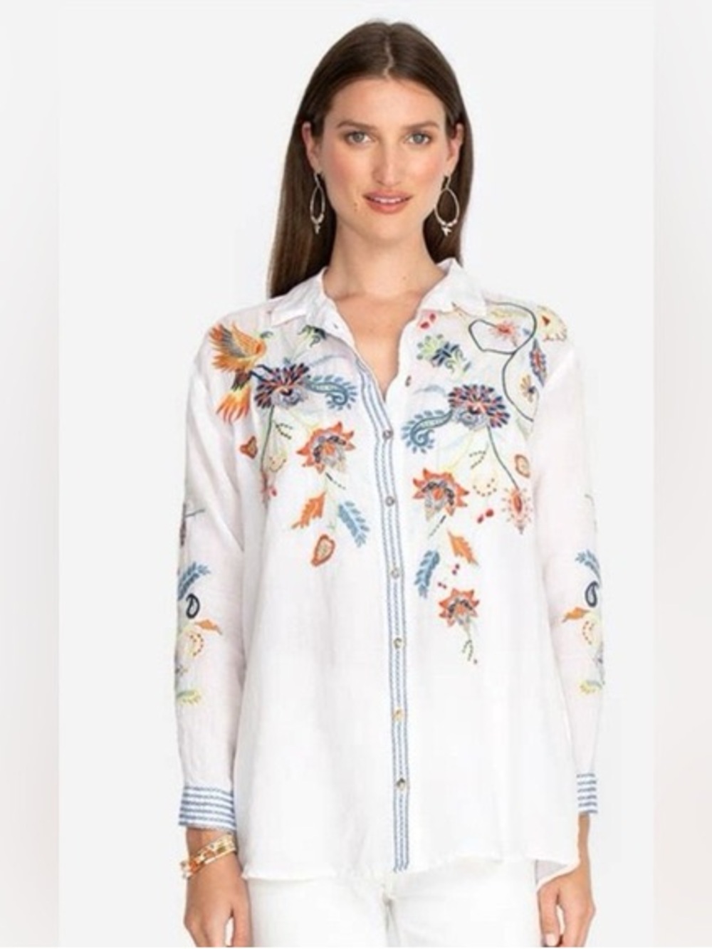 Johnny Was White Button-Down Shirt with Multicolor Floral Embroidery Oversized
